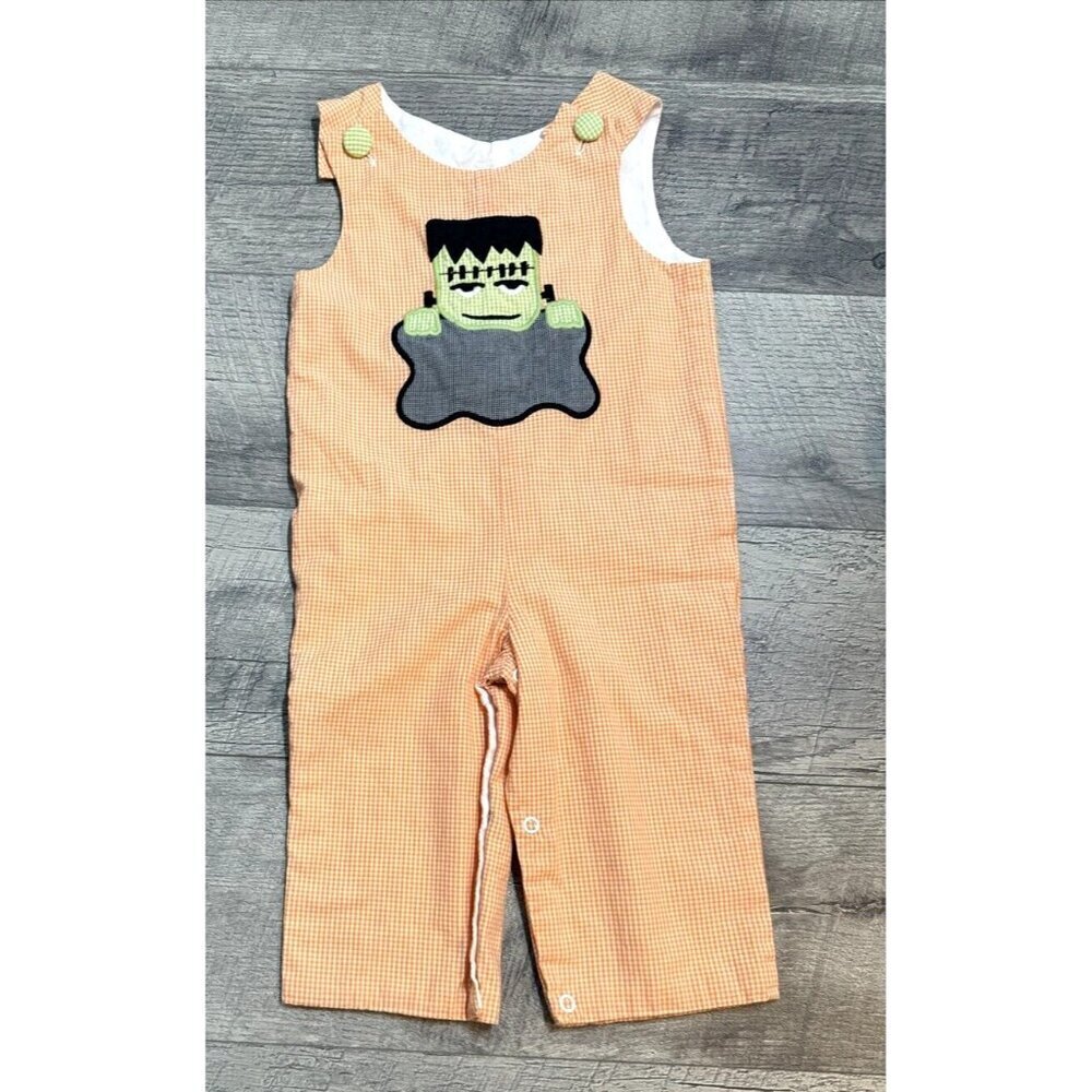 StellyBelly Overalls Baby 6 Month Orange Check Romper Fall Halloween Embroidered